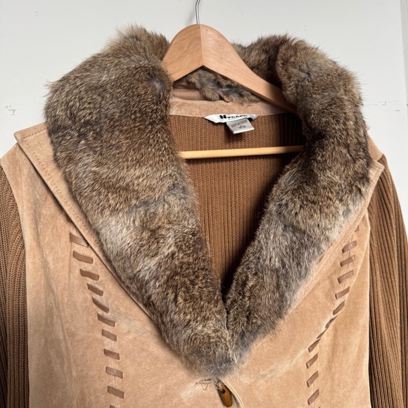 Vintage Brown Suede Jacket with Rabbit Fur Collar western prairie L - Picture 4 of 8